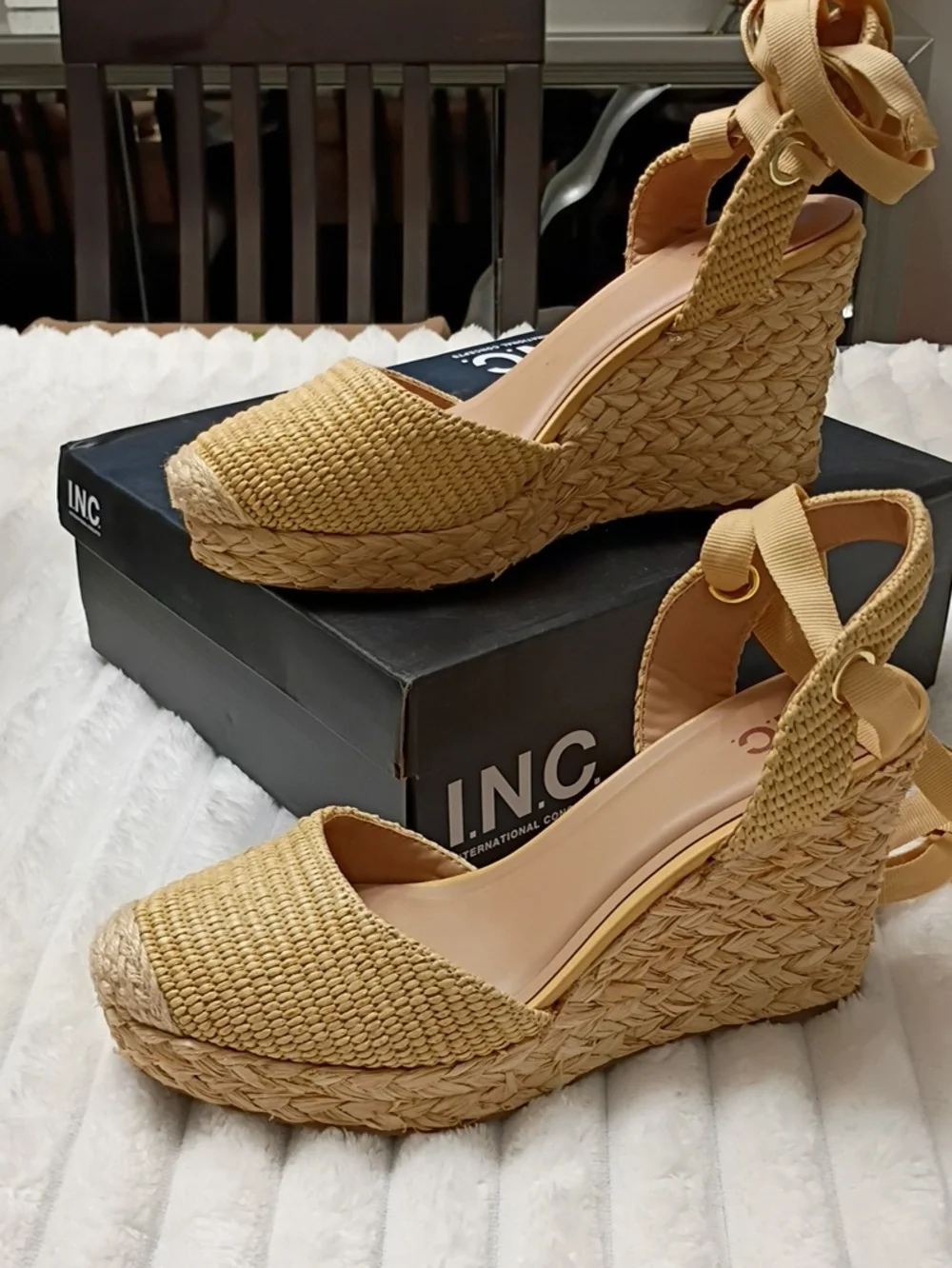 INC International Concepts Tan Woven Espadrille Wedge Sandals with Ankle Ribbon